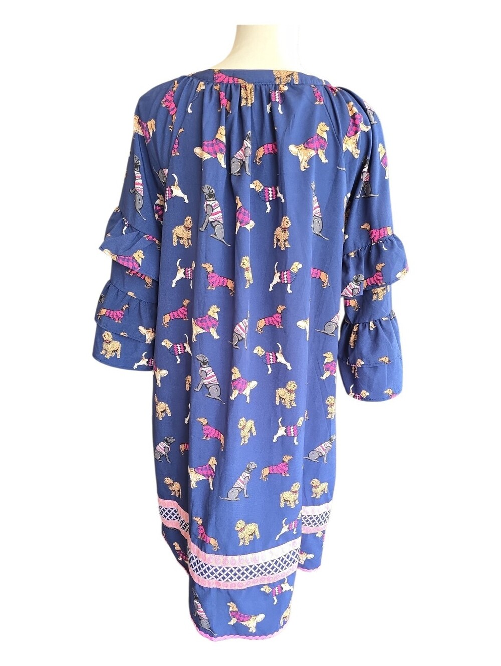 Simply Southern Ruffled Sleeve Dress Size XL Dog Print Navy & Pink - Picture 3 of 10
